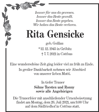 Traueranzeige von Rita Gensicke von lausitzer_rundschau