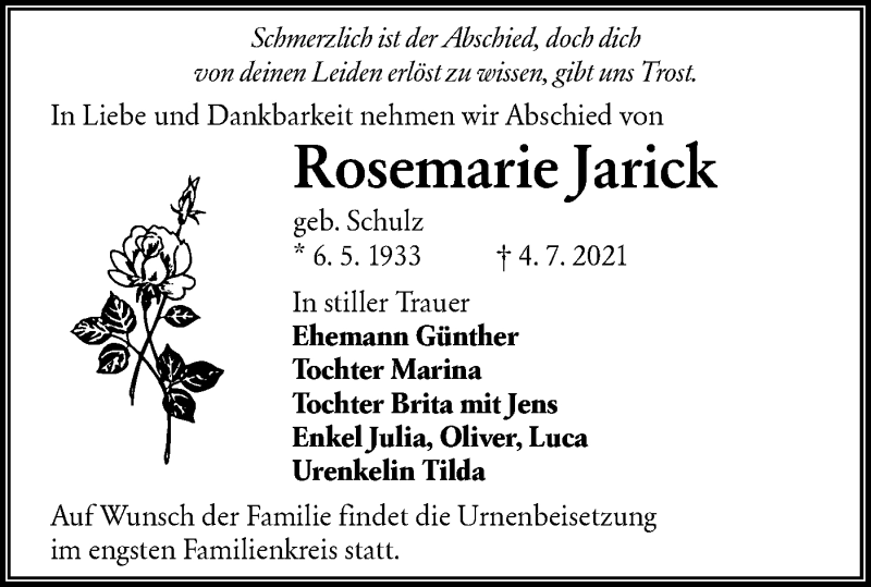  Traueranzeige für Rosemarie Jarick vom 17.07.2021 aus lausitzer_rundschau