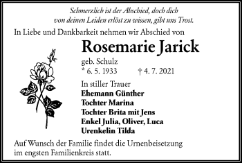 Traueranzeige von Rosemarie Jarick von lausitzer_rundschau