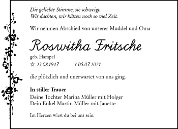 Traueranzeige von Roswitha Fritsche von lausitzer_rundschau