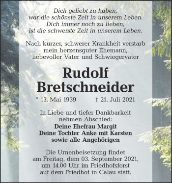 Traueranzeige von Rudolf Bretschneider von lausitzer_rundschau