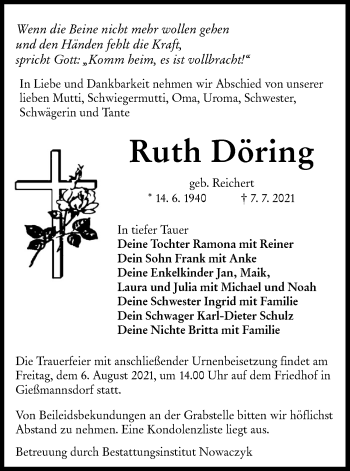 Traueranzeige von Ruth Döring von lausitzer_rundschau