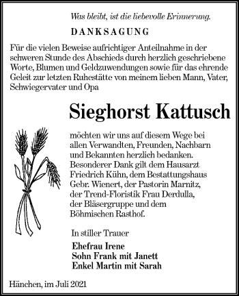 Traueranzeige von Sieghorst Kattusch von lausitzer_rundschau