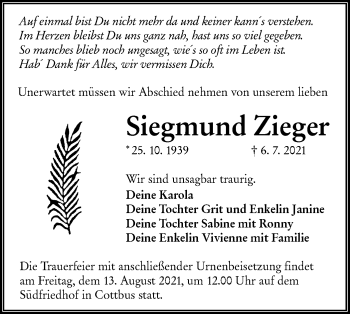 Traueranzeige von Siegmund Zieger von lausitzer_rundschau