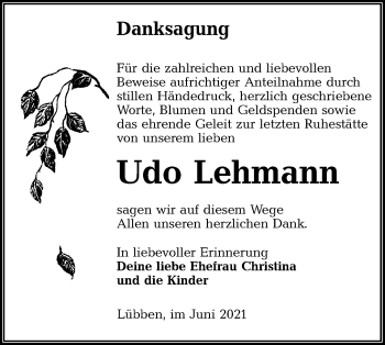 Traueranzeige von Udo Lehmann von lausitzer_rundschau