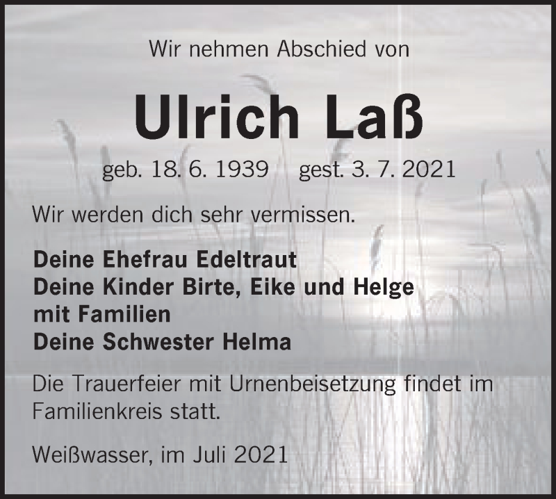  Traueranzeige für Ulrich Laß vom 10.07.2021 aus lausitzer_rundschau