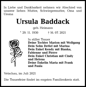 Traueranzeige von Ursula Baddack von lausitzer_rundschau