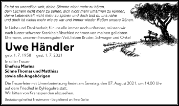 Traueranzeige von Uwe Händler von lausitzer_rundschau