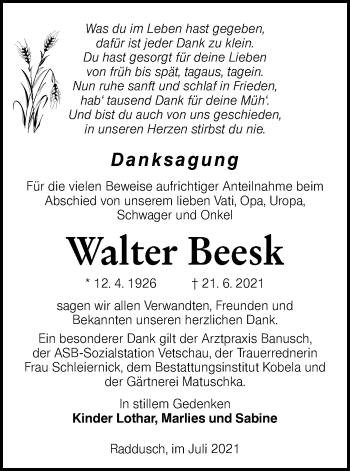 Traueranzeige von Walter Beesk von lausitzer_rundschau