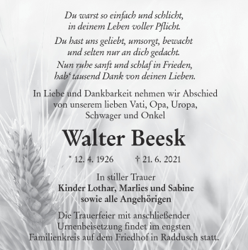 Traueranzeige von Walter Beesk von lausitzer_rundschau