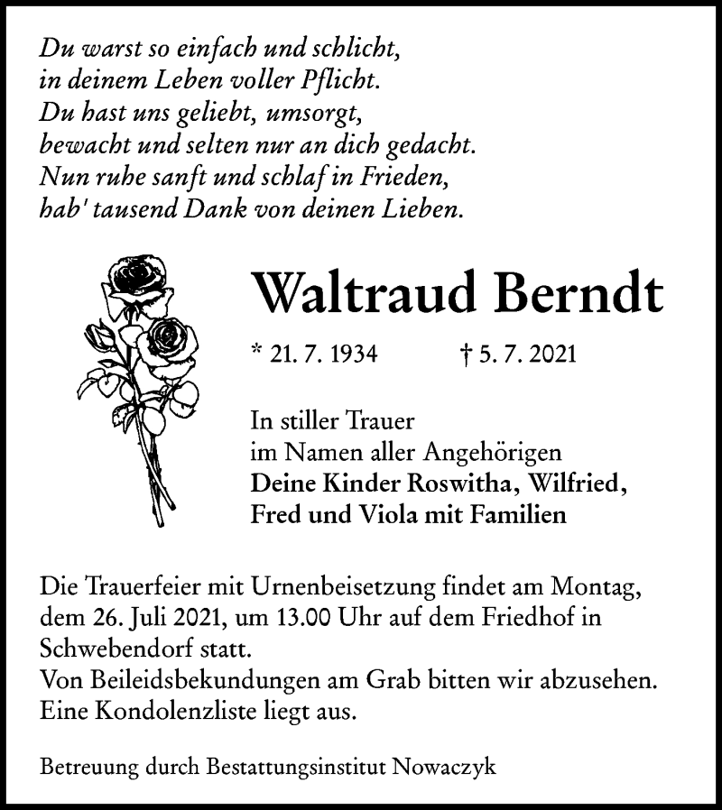  Traueranzeige für Waltraud Berndt vom 10.07.2021 aus lausitzer_rundschau