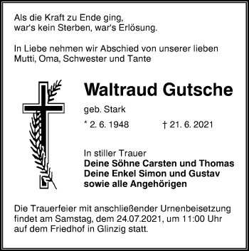 Traueranzeige von Waltraud Gutsche von lausitzer_rundschau