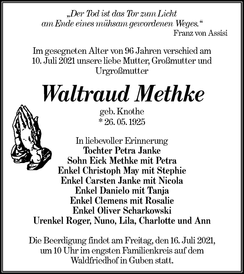  Traueranzeige für Waltraud Methke vom 14.07.2021 aus lausitzer_rundschau
