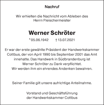 Traueranzeige von Werner Schröter von lausitzer_rundschau