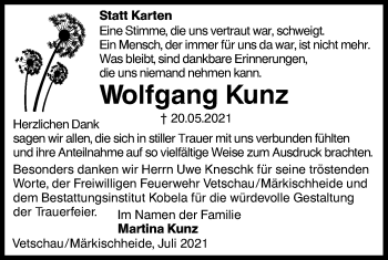 Traueranzeige von Wolfgang Kunz von lausitzer_rundschau