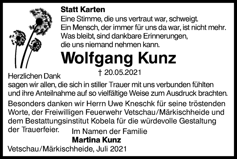  Traueranzeige für Wolfgang Kunz vom 10.07.2021 aus lausitzer_rundschau