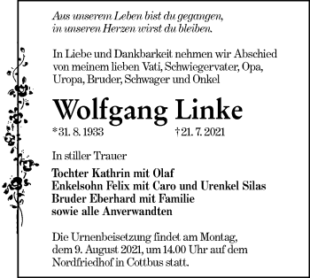 Traueranzeige von Wolfgang Linke von lausitzer_rundschau