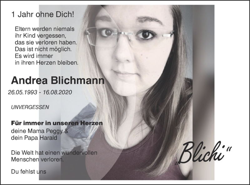  Traueranzeige für Andrea Blichmann vom 14.08.2021 aus lausitzer_rundschau