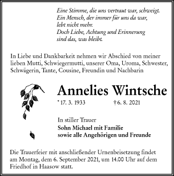 Traueranzeige von Annelies Wintsche von lausitzer_rundschau