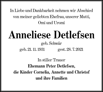 Traueranzeige von Anneliese Detlefsen von lausitzer_rundschau