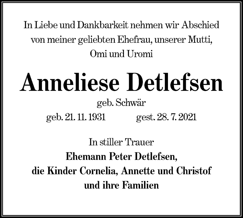  Traueranzeige für Anneliese Detlefsen vom 21.08.2021 aus lausitzer_rundschau