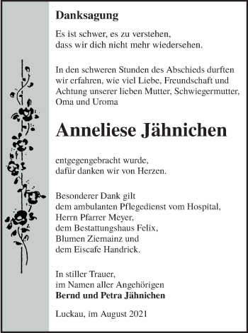 Traueranzeige von Anneliese Jähnichen von lausitzer_rundschau