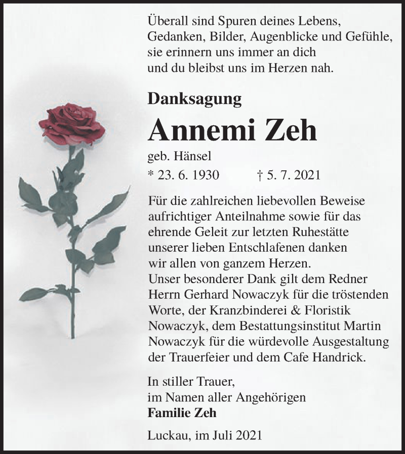  Traueranzeige für Annemi Zeh vom 14.08.2021 aus lausitzer_rundschau