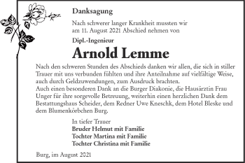 Traueranzeige von Arnold Lemme von lausitzer_rundschau