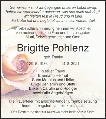 Traueranzeige von Brigitte Pohlenz von lausitzer_rundschau