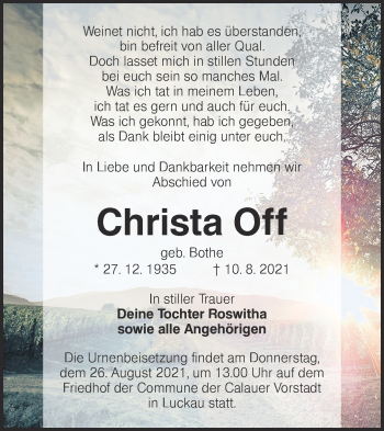 Traueranzeige von Christa Off von lausitzer_rundschau