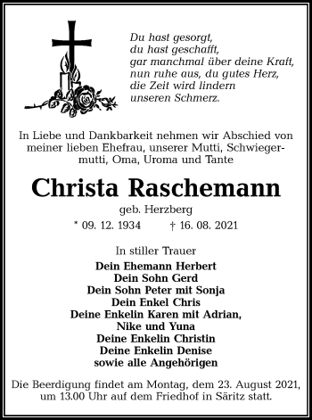 Traueranzeige von Christa Raschemann von lausitzer_rundschau