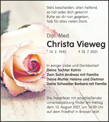 Traueranzeige von Christa Vieweg von lausitzer_rundschau