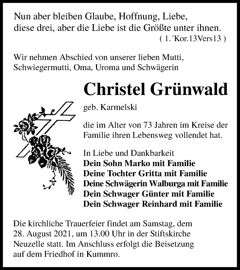  Traueranzeige für Christel Grünwald vom 25.08.2021 aus lausitzer_rundschau