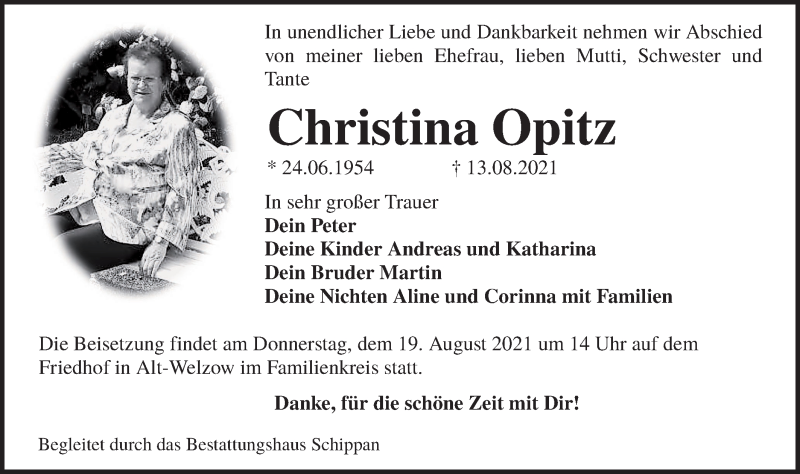  Traueranzeige für Christina Opitz vom 18.08.2021 aus lausitzer_rundschau