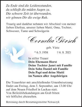 Traueranzeige von Cornelia Görsch von lausitzer_rundschau