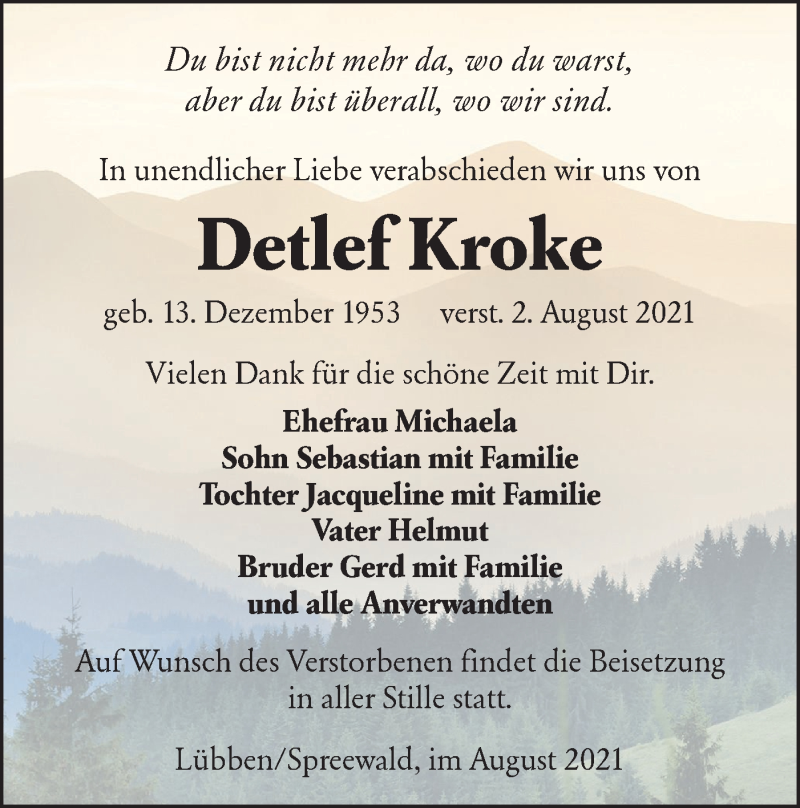  Traueranzeige für Detlef Kroke vom 14.08.2021 aus lausitzer_rundschau