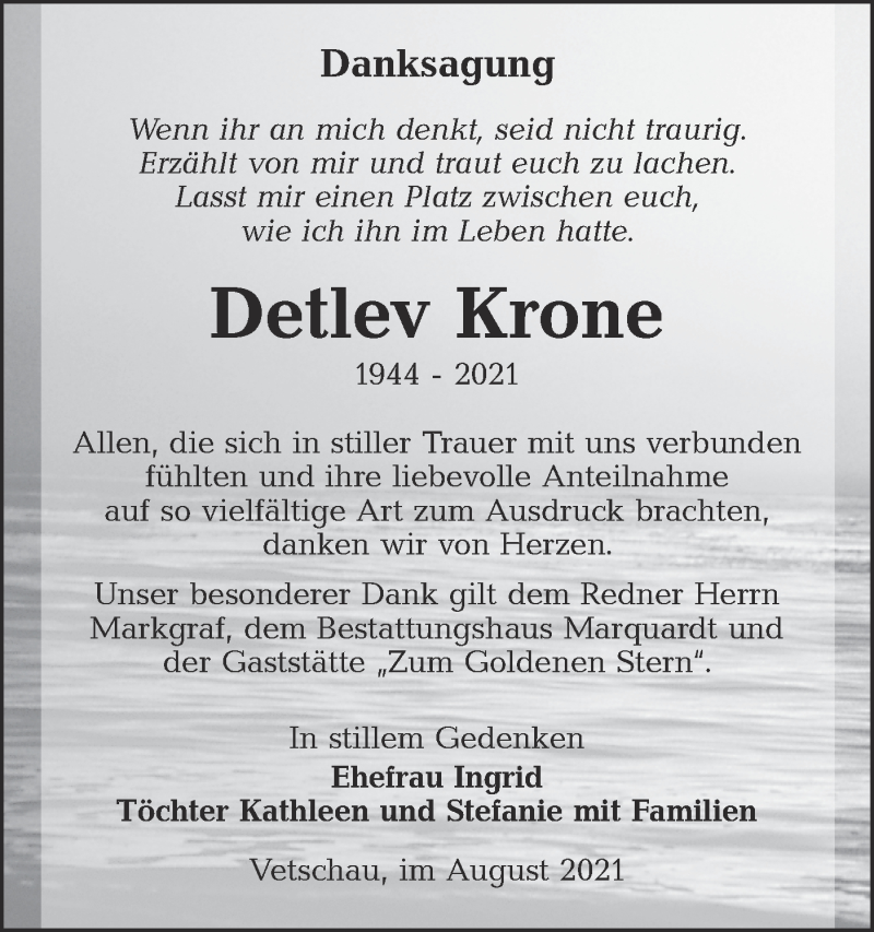  Traueranzeige für Detlev Krone vom 21.08.2021 aus lausitzer_rundschau