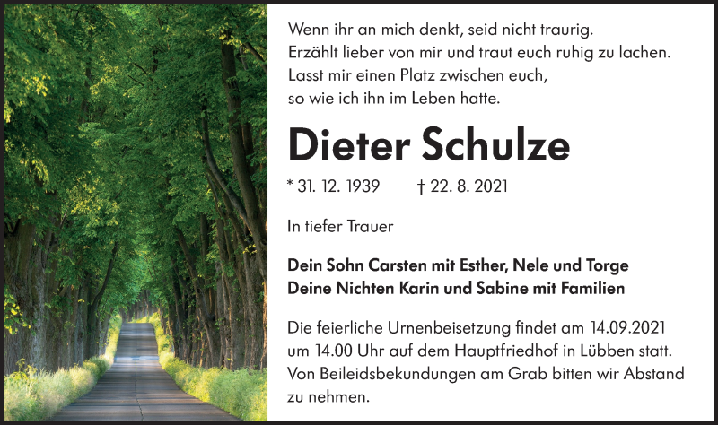  Traueranzeige für Dieter Schulze vom 28.08.2021 aus lausitzer_rundschau