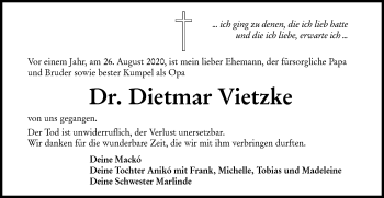 Traueranzeige von Dietmar Vietzke von lausitzer_rundschau