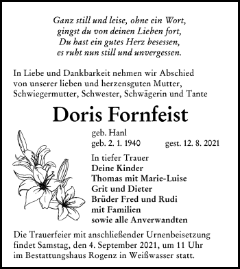 Traueranzeige von Doris Fornfeist von lausitzer_rundschau