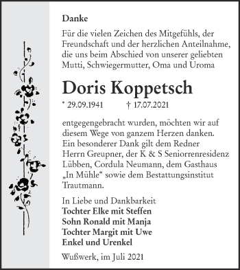 Traueranzeige von Doris Koppetsch von lausitzer_rundschau