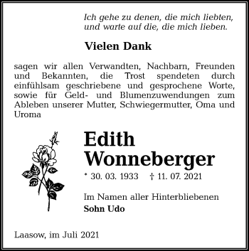 Traueranzeige von Edith Wonneberger von lausitzer_rundschau