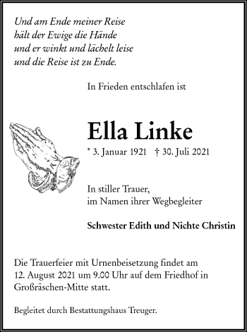 Traueranzeige von Ella Linke von lausitzer_rundschau