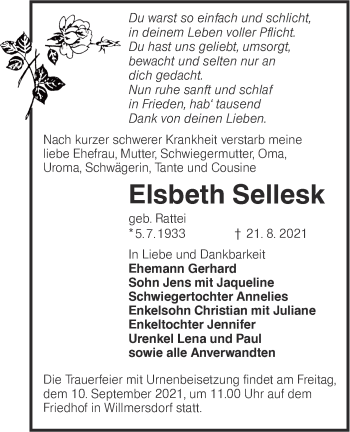 Traueranzeige von Elsbeth Sellesk von lausitzer_rundschau