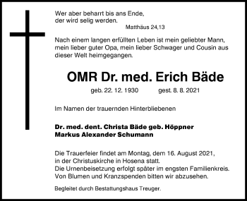 Traueranzeige von Erich Bäde von lausitzer_rundschau