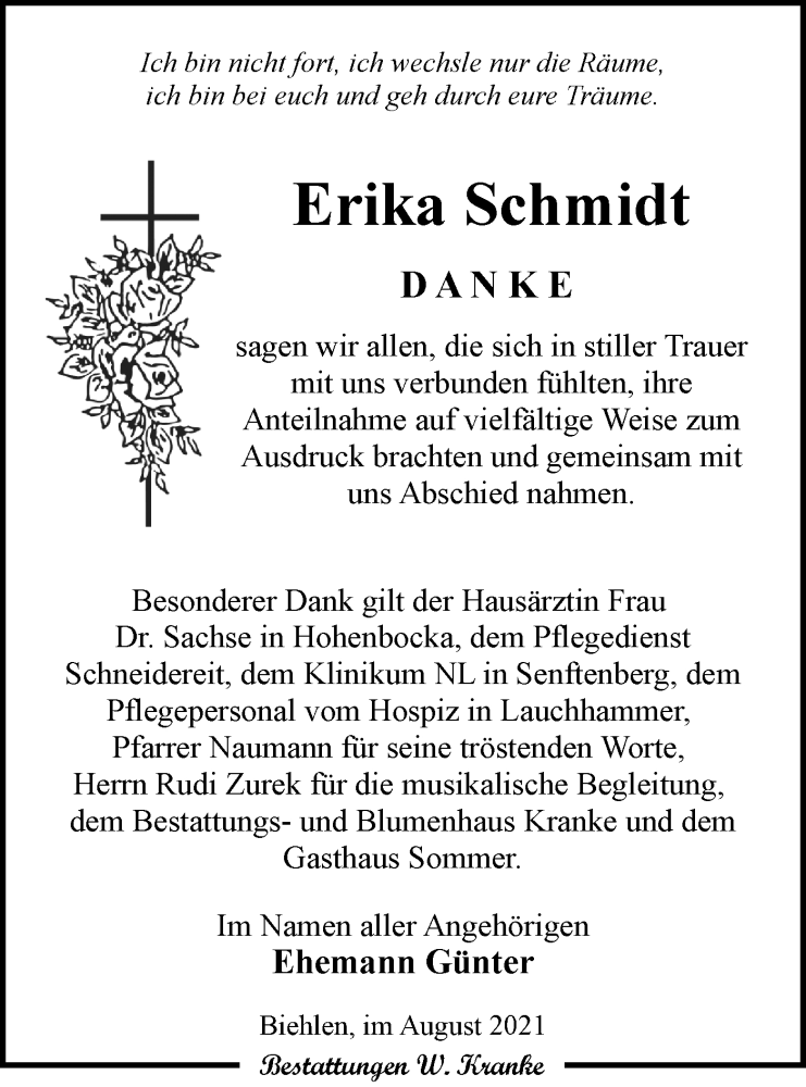  Traueranzeige für Erika Schmidt vom 21.08.2021 aus lausitzer_rundschau