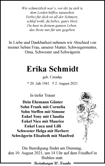Traueranzeige von Erika Schmidt von lausitzer_rundschau