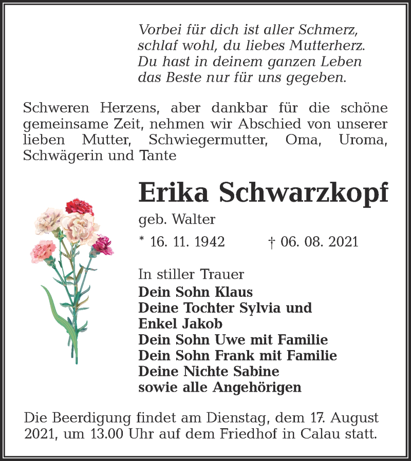  Traueranzeige für Erika Schwarzkopf vom 14.08.2021 aus lausitzer_rundschau