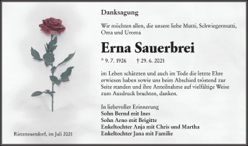 Traueranzeige von Erna Sauerbrei von lausitzer_rundschau