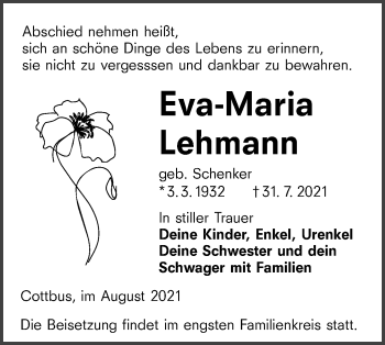 Traueranzeige von Eva-Maria Lehmann von lausitzer_rundschau